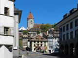 Thun, view from the Freienhofgasse to the Stadtkirche on castle hill Thun, view from the Freienhofgasse to the Stadtkirche on castle hill
