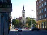 Milevsko - Riegrova ulice - pohled k náměstí a kostel Milevsko - Riegrova ulice - pohled k náměstí a kostel
