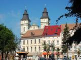 View at the main cathedral from the central square of Ivano-Frankivs'k 