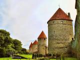 FOUR TOWERS WITH RED HATS.