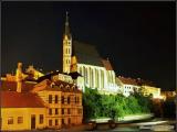 Castles in the Czech Republic. One night in Český Krumlov. Church of St. Vitus and night stars. UNESCO 