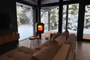 Стильный дом в лесу с камином и купелью