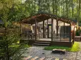 Акцент-дом у реки с фурако, камином и ванной с панорамным видом на лес