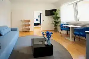Blue whale, stylish apartment, living room, bedroom, bathroom, kitchen, central in Ulm, Ульм