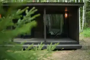 Дом с панорамным окном и видом на лес